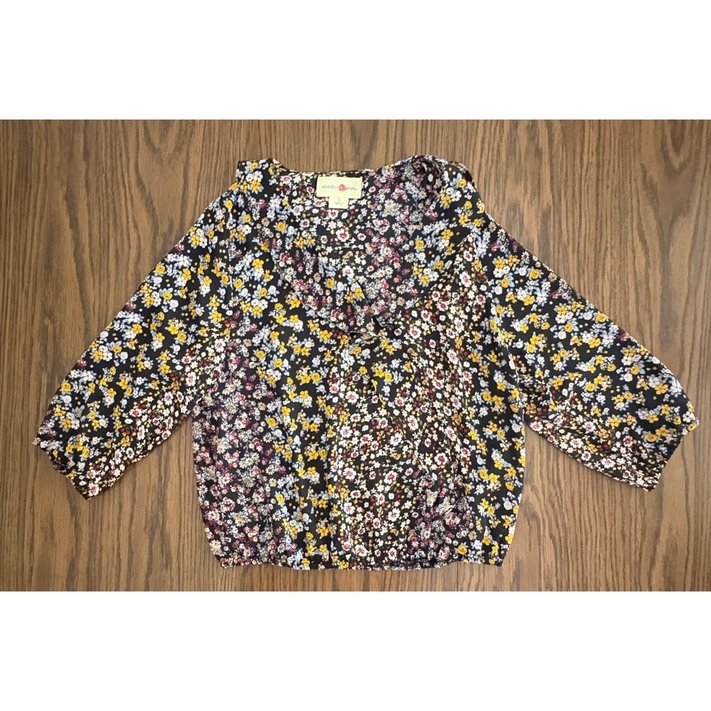 Wishful Park Womens Blouse Size L Black Floral Ruffle V-Neck 3/4 Sleeve Blouson